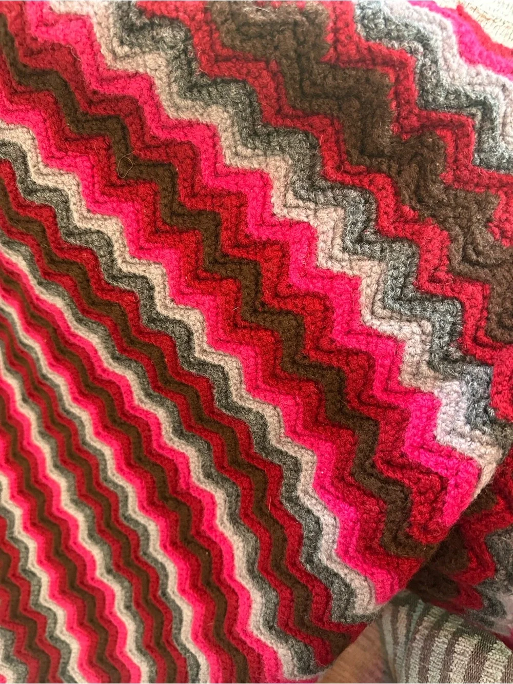 Chevron Knit Afghan Throw Blanket —Pink, Greys, Burgundy, & Brown